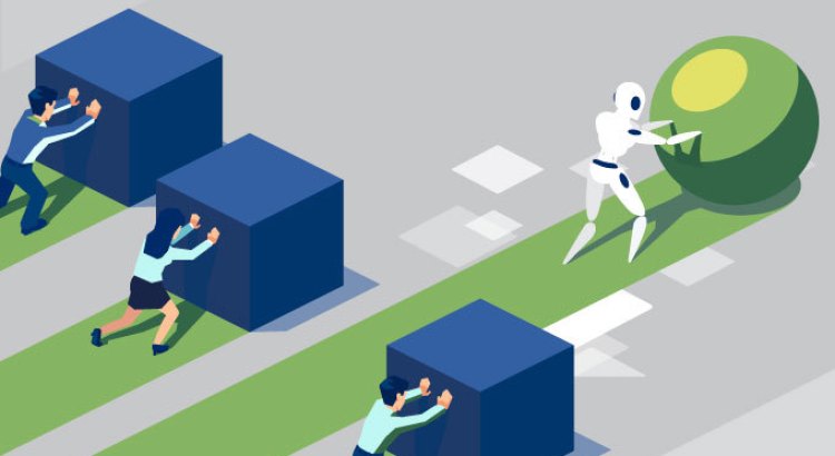 Image of three people slowly pushing boxes while a robot quickly pushes a sphere